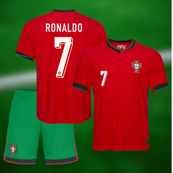 Portugal EURO 2024 Hjemmedrakt med shorts og Ronaldo trykk - Barn og Voksen