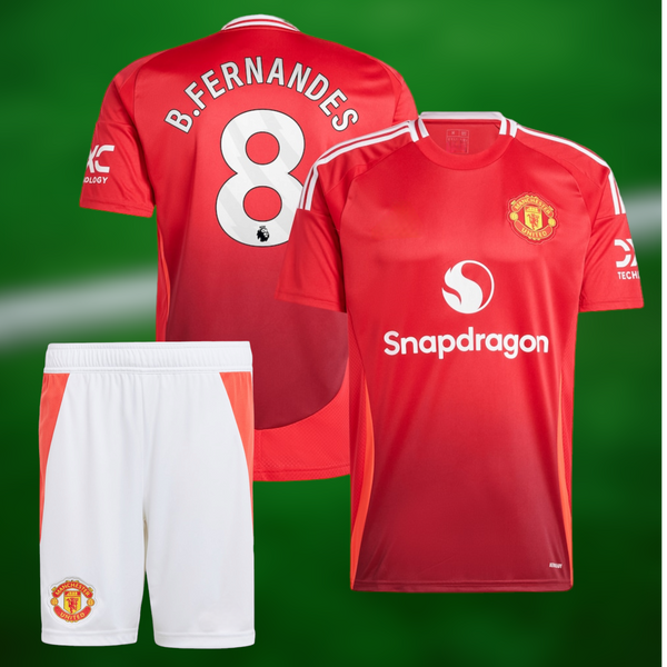 Manchester United 24-25 Hjemmedrakt med shorts og Bruno Fernandes trykk - Barn