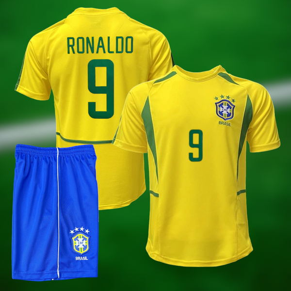 Retro Brasil VM 2002 Hjemmedrakt med shorts og Ronaldo (R9) trykk - Barn og Voksen