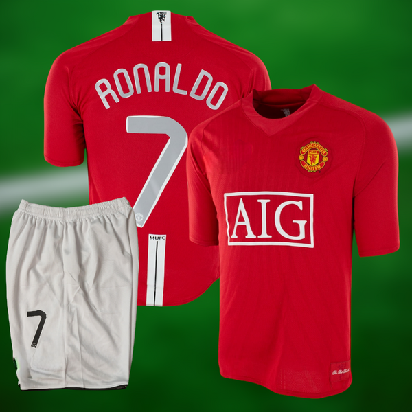 Retro Manchester United 2007-08 Hjemmedrakt med shorts og Ronaldo trykk - Barn og Voksen