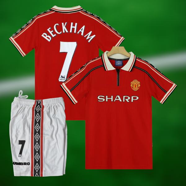 Retro Manchester United 1998-1999 Hjemmedrakt med shorts og Beckham trykk - Barn og Voksen